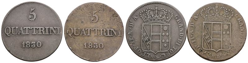 Leopoldo II di Toscana, Lotto di 2 monete da 5 quattrini, 1830, Cu