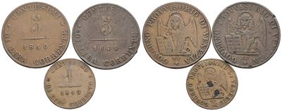 Monete Italiane, Lotto di 3 monete da 5 centesimi del 1849, Venezia, Governo Provvisorio