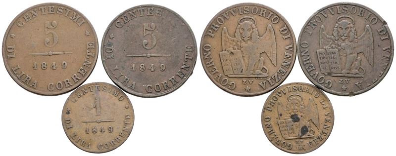 Monete Italiane, Lotto di 3 monete da 5 centesimi del 1849, Venezia, Governo Provvisorio
