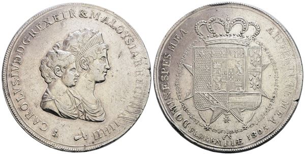 FIRENZE. GRANDUCATO DI TOSCANA. Carlo Ludovico di Borbone (1803-1807). Dena da 10 lire 1805. Ag; 39,45gr; Gig.9; NC; BB/SPL