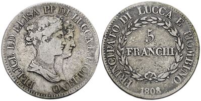 Elisa Bonaparte e Felice Baciocchi, 5 Franchi 1808, Ag 25 gr, Raro