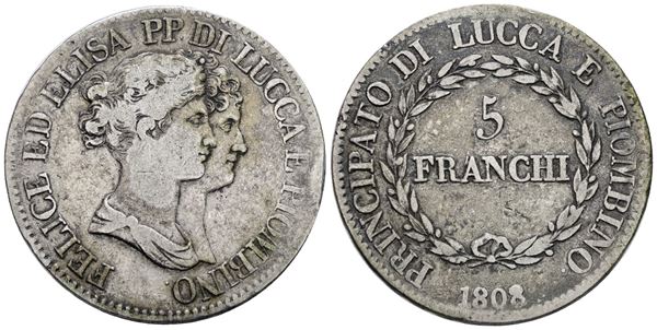 LUCCA E PIOMBINO. Elisa Bonaparte e Felice Baciocchi (1805-1814). 5 Franchi 1808 (3° tipo). Busti medi. Ag; 25gr; Gig.5; Raro; BB