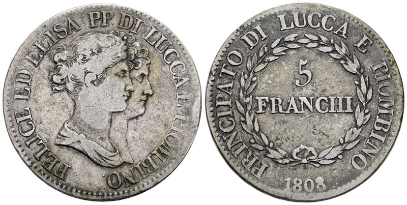 Elisa Bonaparte e Felice Baciocchi, 5 Franchi 1808, Ag 25 gr, Raro