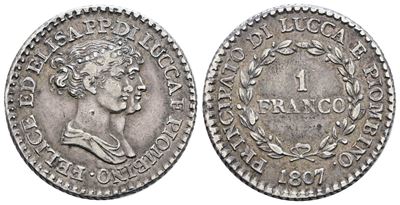 Moneta di Elisa Bonaparte e Felice Baciocchi, Franco, 1807 - Lucca e Piombino, Ag, 5gr, Gig.9