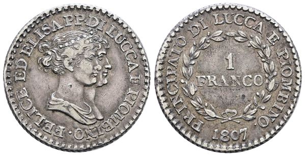 LUCCA E PIOMBINO. Elisa Bonaparte e Felice Baciocchi (1805-1814). Franco 1807. Ag; 5gr; Gig.9; NC: Q.SPL