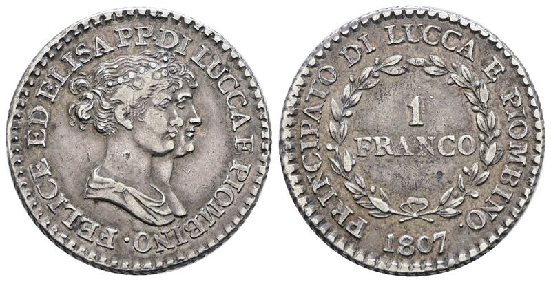 Moneta di Elisa Bonaparte e Felice Baciocchi, Franco, 1807 - Lucca e Piombino, Ag, 5gr, Gig.9