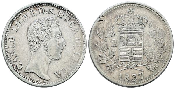LUCCA. Carlo Ludovico di Borbone (1824-1847). 2 lire 1837. Ag; 9,43gr; Gig.1; Raro: BB/SPL