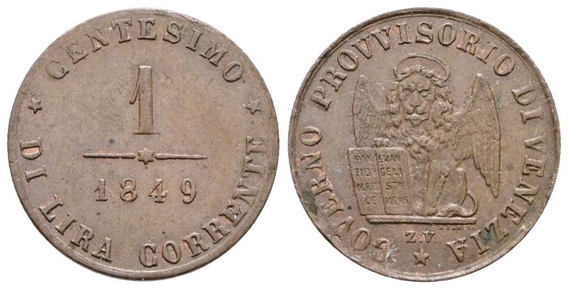 Venezia. Governo Provvisorio (1848-1849). 1 Centesimo 1849. Cu; 1gr; Gig.11; Spl/fdc
