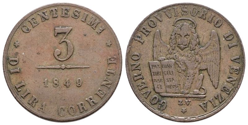 Moneta, 3 centesimi del Governo Provvisorio di Venezia (1849), Cu, 3 gr, Gig. 11