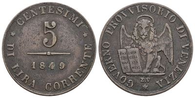 Governo Provvisorio di Venezia, Moneta da 5 centesimi del 1849