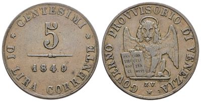 Moneta, 5 centesimi del Governo Provvisorio di Venezia (1848-1849), Cu, 5g, Gig.9