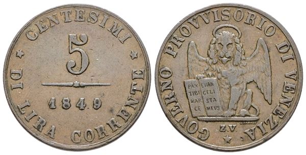 VENEZIA. GOVERNO PROVVISORIO (1848-1849). 5 centesimi 1849. Cu; 5gr; Gig.9; BB/SPL