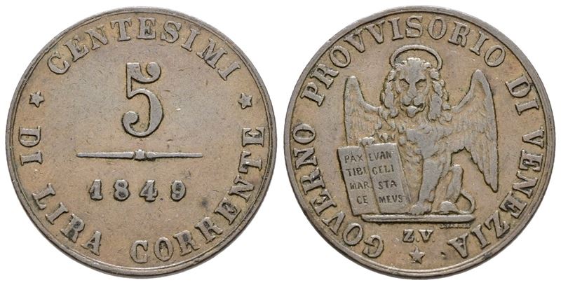 Moneta, 5 centesimi del Governo Provvisorio di Venezia (1848-1849), Cu, 5g, Gig.9