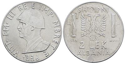 Albania. Vittorio Emanuele III (1939-1943). 2 Lek, 1939. Ac; 10gr; Gig.3a; Nc; Spl