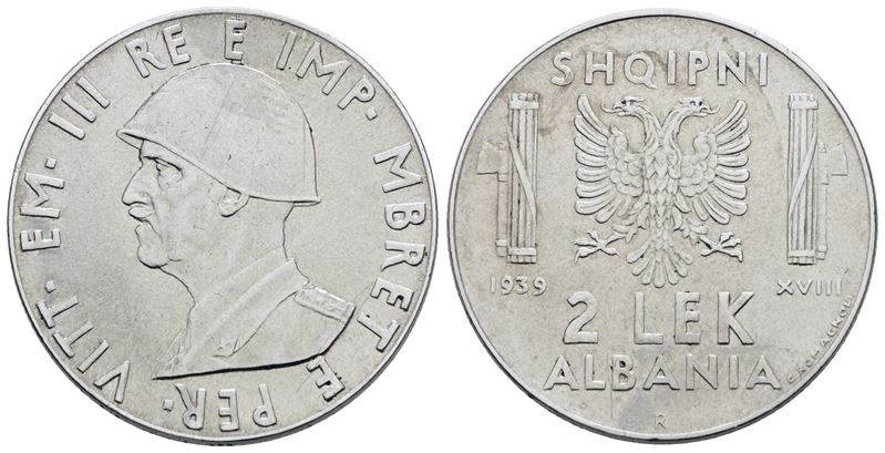 Albania. Vittorio Emanuele III (1939-1943). 2 Lek, 1939. Ac; 10gr; Gig.3a; Nc; Spl