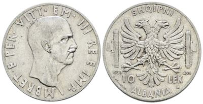 Albania, Vittorio Emanuele III, 10 Lek, 1939, Argento, 10 gr, Gig. 1