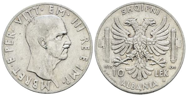 ALBANIA. Vittorio Emanuele III (1939-1943). 10 Lek, 1939. Ag; 10gr; Gig.1; Q.SPL