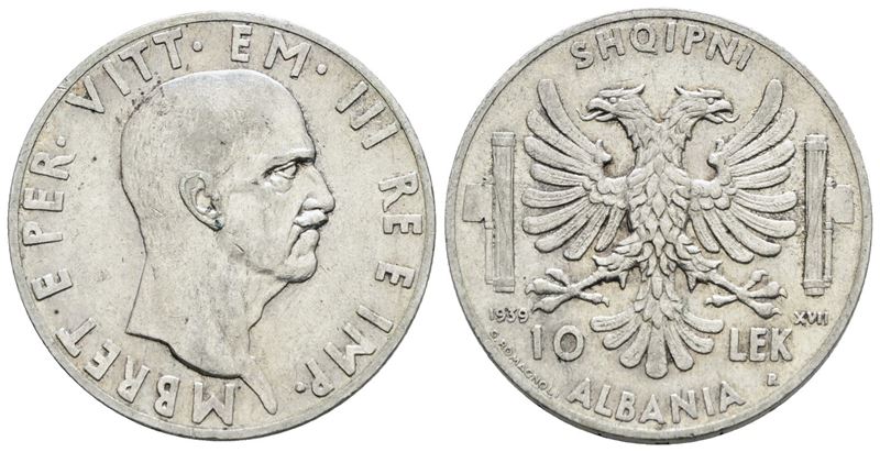Albania, Vittorio Emanuele III, 10 Lek, 1939, Argento, 10 gr, Gig. 1
