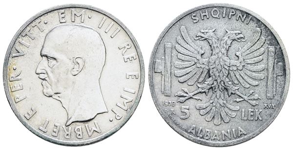 ALBANIA. Vittorio Emanuele III (1939-1943). 5 Lek, 1939. Ag; 5gr; Gig.2; SPL+