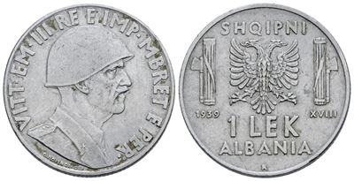 Albania. Vittorio Emanuele III (1939-1943). 1 Lek, 1939. Ac; 8gr; Gig.6a; Bb+