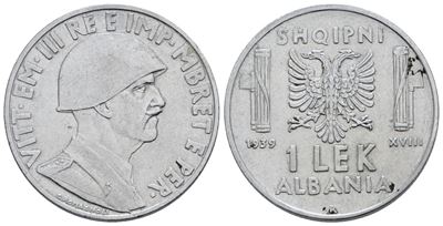 Albania. Vittorio Emanuele III (1939-1943). 1 Lek, 1939. Ac; 8gr; Gig.6a; Bb/spl