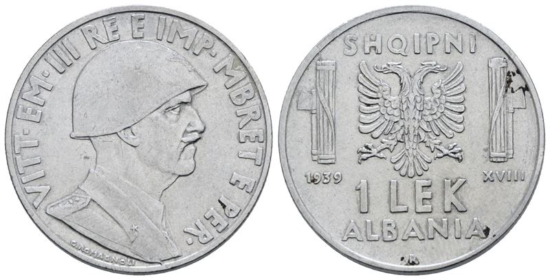 Albania. Vittorio Emanuele III (1939-1943). 1 Lek, 1939. Ac; 8gr; Gig.6a; Bb/spl