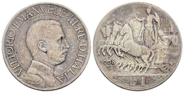 REGNO D'ITALIA. Vittorio Emanuele III (1900-1943). 1 lira 1908. Ag; 5gr; Gig.132; NC; BB/SPL