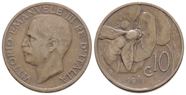 REGNO D'ITALIA. Vittorio Emanuele III (1900-1943). 10 centesimi 1919 "Ape". Cu; 5,4gr; Gig.228; Raro; BB