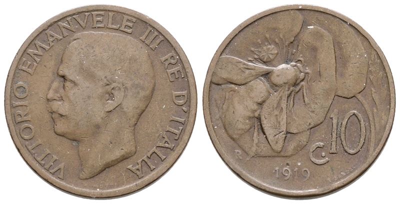 Vittorio Emanuele III, 10 centesimi 1919 "Ape", rame