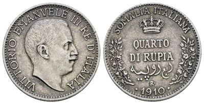 Somalia Italiana. Vittorio Emanuele III (1909-1925). Quarto di Rupia 1910. Ag; 2,92gr; Gig.14; Nc...