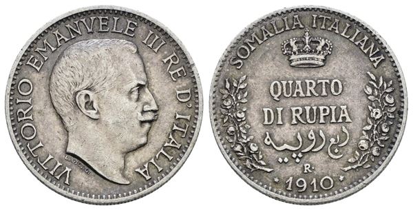 SOMALIA ITALIANA. Vittorio Emanuele III (1909-1925). Quarto di rupia 1910. Ag; 2,92gr; Gig.14; NC; BB/SPL