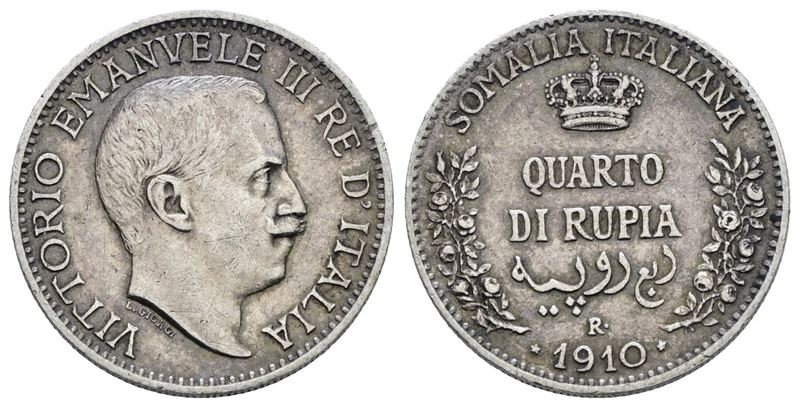 Somalia Italiana. Vittorio Emanuele III (1909-1925). Quarto di Rupia 1910. Ag; 2,92gr; Gig.14; Nc...