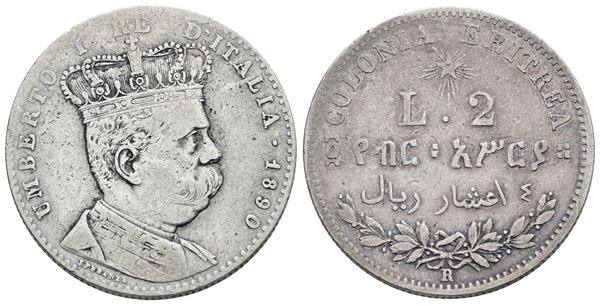 COLONIA ERITREA. Umberto I (1890-1896). 2 Lire 1890. Ag; 10gr; Gig.3; NC; Q.BB