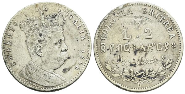 COLONIA ERITREA. Umberto I (1890-1896). 2 Lire 1896. Ag; 10gr; Gig.4; Raro; Q.BB, minimi graffietti.