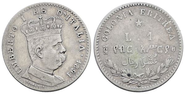 COLONIA ERITREA. Umberto I (1890-1896). 1 Lira 1891. Ag; 5gr; Gig.6; NC; BB+