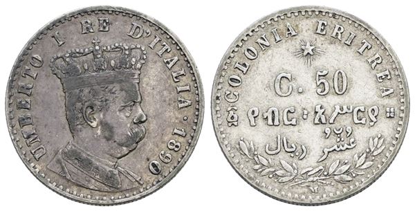 COLONIA ERITREA. Umberto I (1890-1896). 50 centesimi 1890. Ag; 2,5gr; Gig.8; Raro; BB