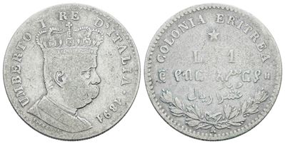 Umberto I, Moneta da 1 lira, Colonia Eritrea (1891)
