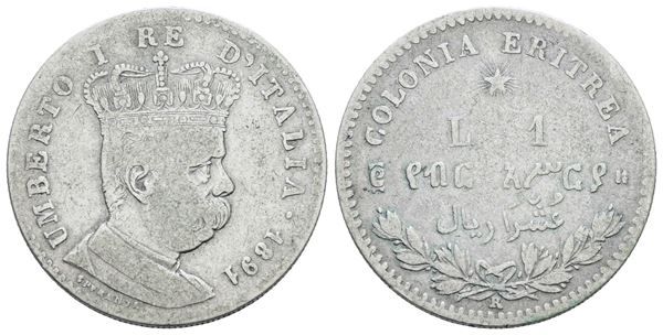 COLONIA ERITREA. Umberto I (1890-1896). 1 lira 1891. Ag; 5gr; Gig.6; NC; MB