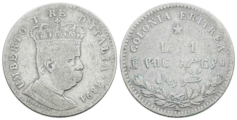 Colonia Eritrea. Umberto i (1890-1896). 1 Lira 1891. Ag; 5gr; Gig.6; Nc; Mb