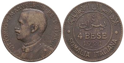Somalia Italiana. Vittorio Emanuele III (1909-1925). 4 Bese 1921. Cu; 10gr; Gig.21; Q.bb