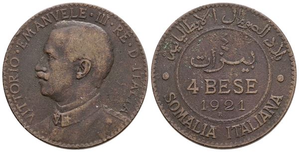 SOMALIA ITALIANA. Vittorio Emanuele III (1909-1925). 4 bese 1921. Cu; 10gr; Gig.21; Q.BB
