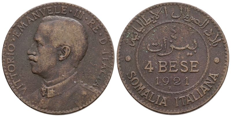 Somalia Italiana. Vittorio Emanuele III (1909-1925). 4 Bese 1921. Cu; 10gr; Gig.21; Q.bb