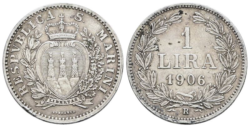 Moneta di San Marino, 1 Lira 1906, Argento, Gig. 28