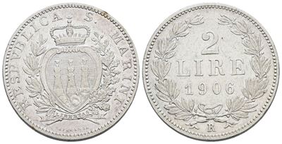SAN MARINO, 2 lire 1906 - Vecchia monetazione (1864-1938), Ag, 10 gr