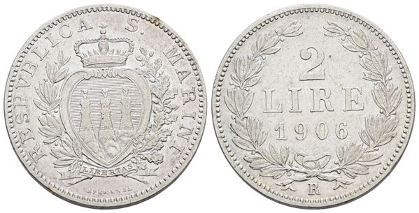 SAN MARINO. Vecchia monetazione (1864-1938) 2 lire 1906. Ag; 10gr; Gig.26; Raro; BB/SPL