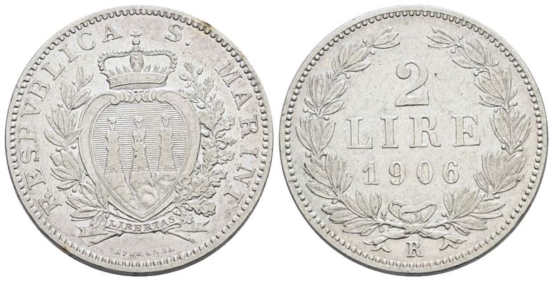 SAN MARINO, 2 lire 1906 - Vecchia monetazione (1864-1938), Ag, 10 gr