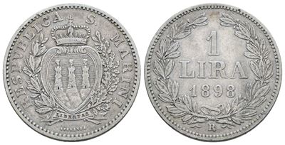SAN MARINO, 1 Lira del 1898, Vecchia monetazione (1864-1938), Ag, 5 gr, Gig. 27