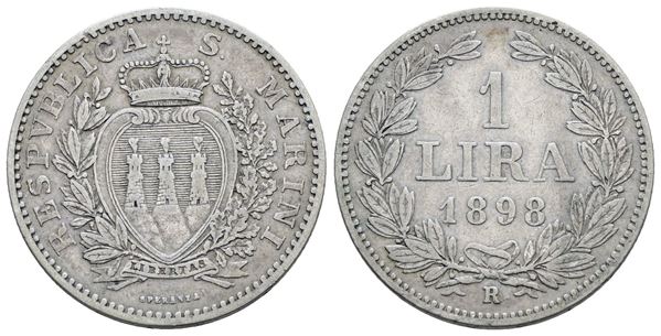 SAN MARINO. Vecchia monetazione (1864-1938). 1 lira 1898. Ag; 5gr; Gig.27; Raro; BB+