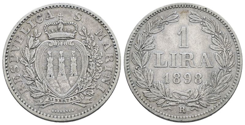 SAN MARINO, 1 Lira del 1898, Vecchia monetazione (1864-1938), Ag, 5 gr, Gig. 27