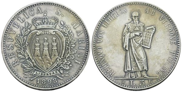 SAN MARINO. Vecchia monetazione (1864-1938). 5 lire 1898. Ag; 25gr; Gig.17; Raro; BB/SPL